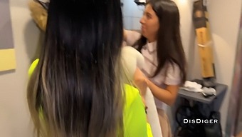 Two Stunning Brunettes And A Guy Have A Wild Kitchen Table Sex Session